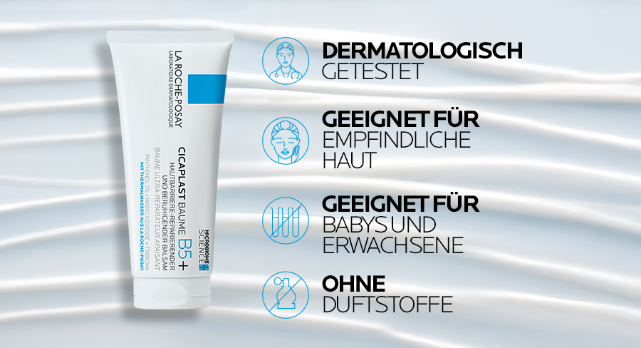 La Roche Posay Cicaplast Baume B5+ Tube; 'Wissenschaftlich bestätigte Wirksamkeit', 'Mildert Narben sichtbar'.
